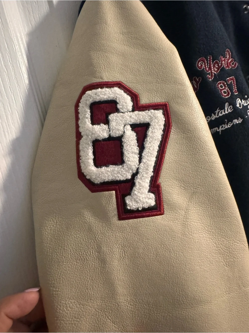 Aeropostale Navy and Cream Varsity Jacket with Red 'A' Patch